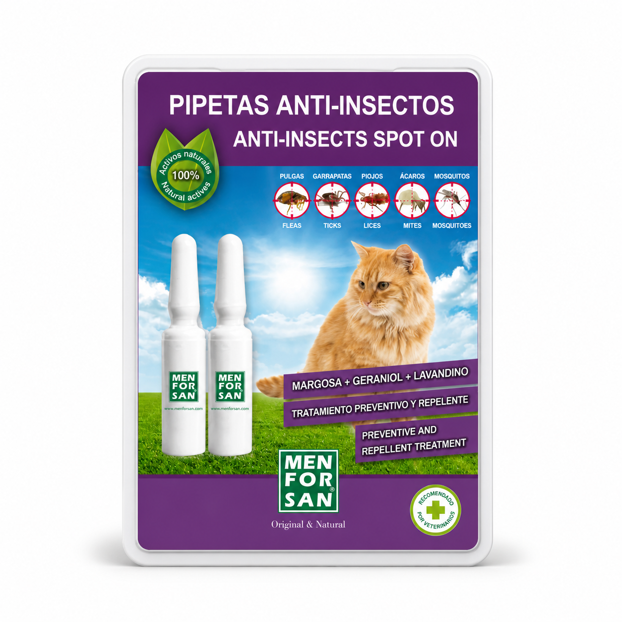 MENFORSAN Pipeta Anti-Insectos para Gatos con Margosa, Geraniol Y Lavandino - 2uds